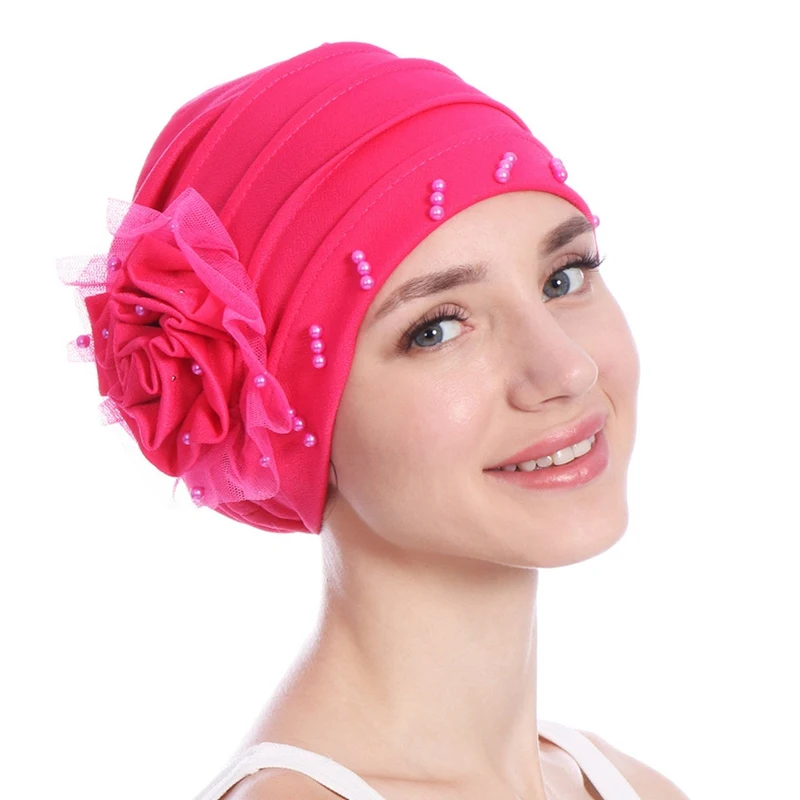 1 шт. модная женская шляпа с бусинами мусульманский ислам с оборками Цветок раком шарф Тюрбан обертывание панамка с жемчужиной аксессуары для волос
