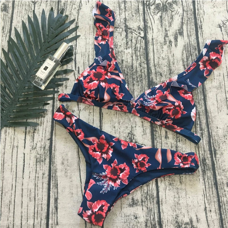

Sexy Hot Two-Pieces Women Floral Push-up Padded Bra Ruffles Bandage Bikini Set Triangle Swimsuit Bathing Suit Beachwear Biquinis