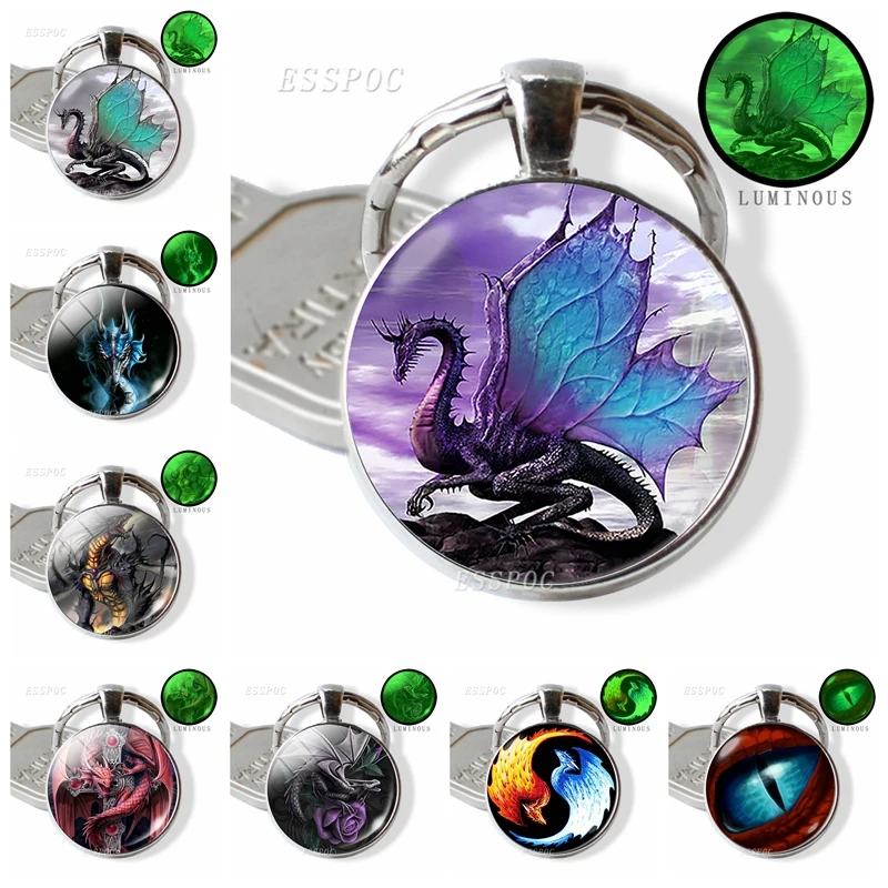 

Glow In The Dark Dragon Keychain Steampunk Dragon Glass Cabochon Keyring Handmade Gifts for Men for Women Luminous Jewelry
