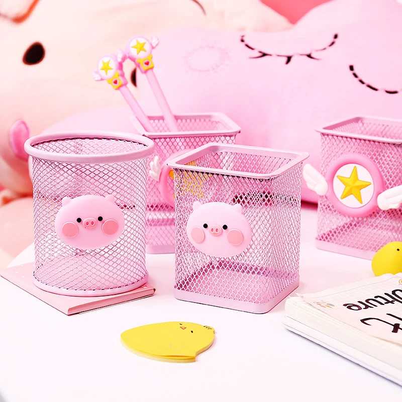 

1pc School Office Organizer Square Round Pink Pig Star Metal Hollow Stand Ruler Pen Pencil Pot Holder Desk Stationery Container