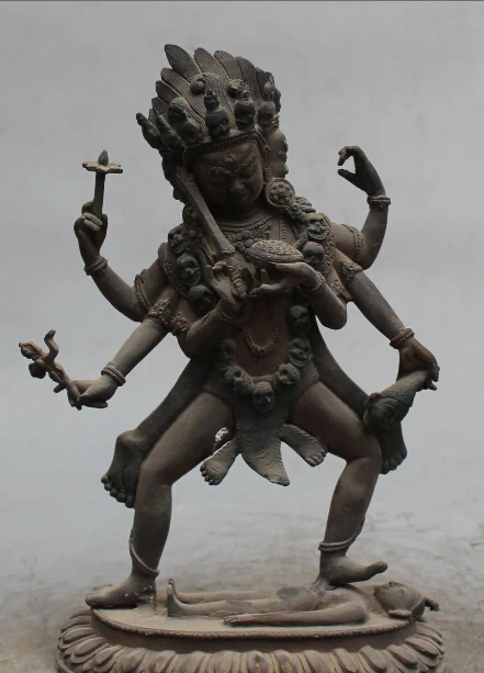 

004074 Tibet Buddhism Temple Bronze 3 Head 6 Arms Vajra Dakinis Buddha Goddess Statue