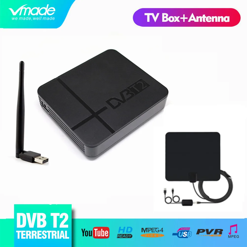Vmade DVB T2 TV Receiver Fully HD 1080p H.264 MPEG-2 / 4 Support YouTube PVR Set Top Box+Indoor Antenna+USB WIFI 7601 | Электроника