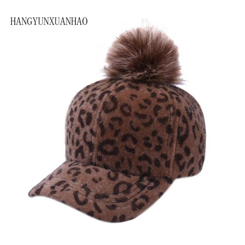 

Brand New Baseball Caps 2018 Winter Cap For Women Faux Fur Pompom Ball Leopard Cap Children Casual Snapback Hat