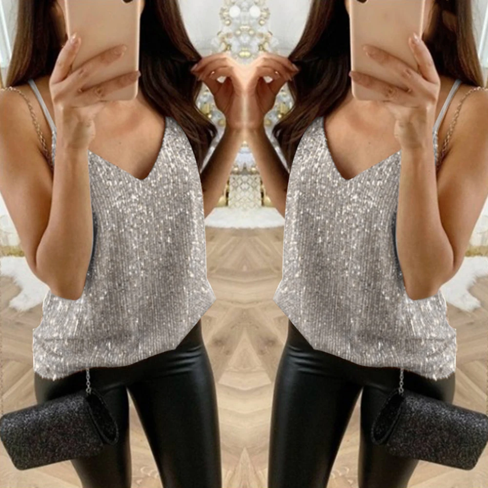 Women Sexy Tank Top Sequin Undershirt Shirt Blouse Streetwear Fashion Top Torridity Tank Tops Clothing