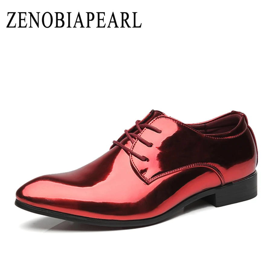 

ZENOBIAPEARL Fashion Design Bright Face Buckle and Metal Toe Men Patent Leather Shoes Men Casual Flats Party Shoes