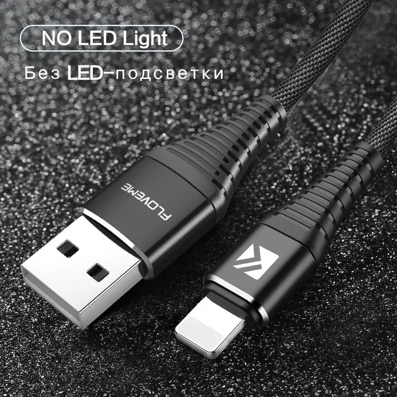 FLOVEME светодиодный USB кабель зарядное устройство для iPhone X XS MAX XR 8 7 5 5S se ipad 2A Быстрый зарядный Дата кабель Шнур адаптер провод мобильного телефона - Цвет: Black With No LED