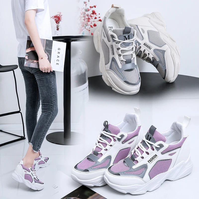 

New Women's Chunky Sneakers 2019 Autumn Knitting Increase Within Platform Sneakers Harajuku Casual Dad Shoes Mesh Sports Shoes