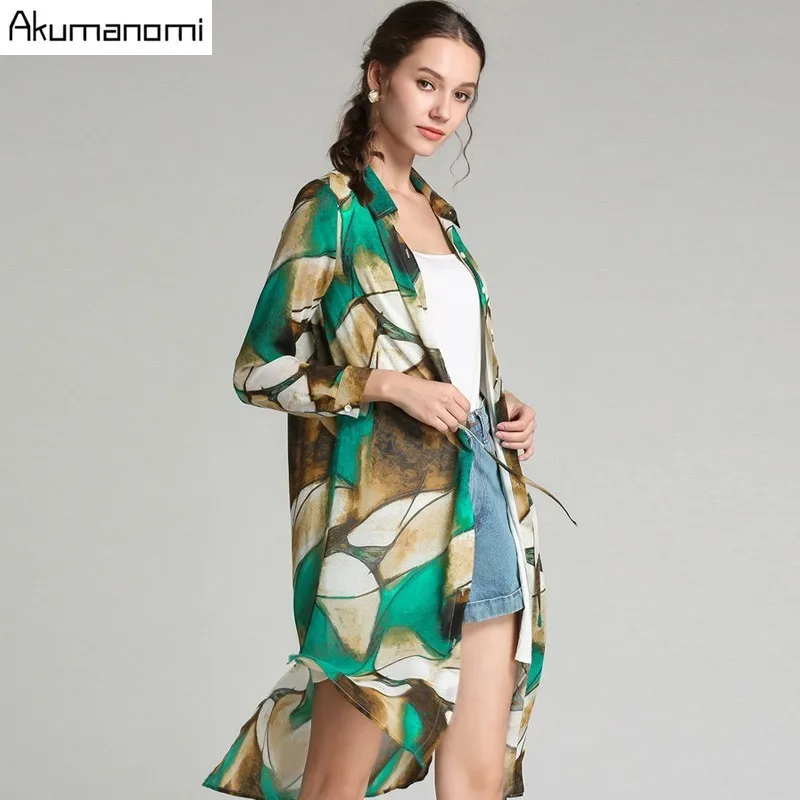 

Autumn Chiffon Geometric Print Dress Women Clothing Turn-down Collar Full Sleeve Sashes Spring Dress Plus Size 5xl 4xl 3xl 2xl-M
