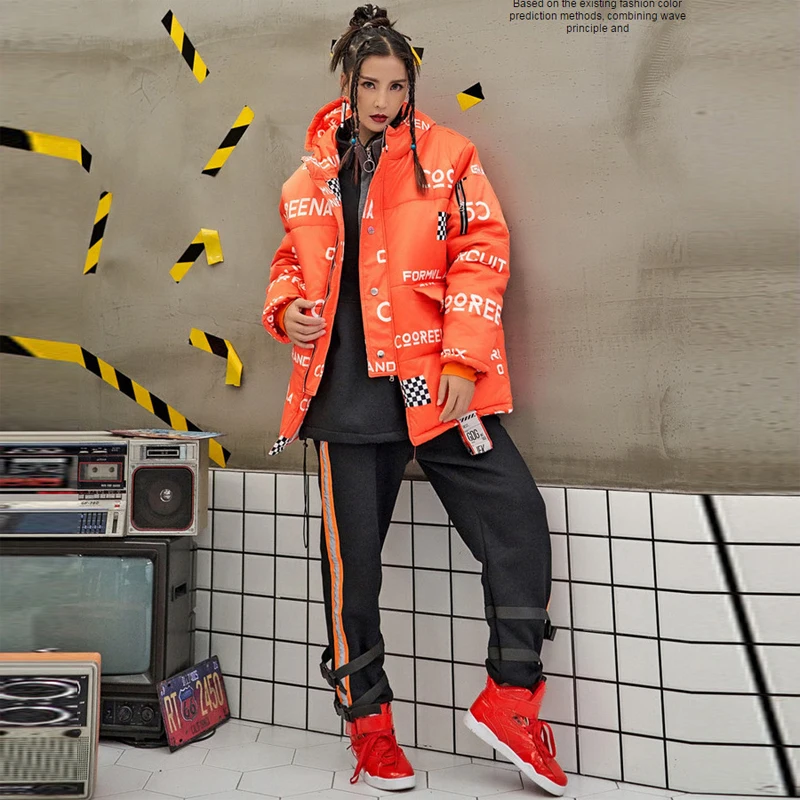 Ouatée Décontracté Femmes Longues Lettre Manteau De Manches Épais Capuchon En Z491 Imprimer Coton Femelle Parkas Veste À Mode Chaud Orange Hiver Ample XraqXv