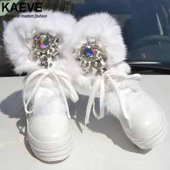 

Hand-sewn White Rabbit Fur Winter Warm Shoes Woman Boots Flat Round Toe Short Plush Ankle Dames Enkellaarsjes Leer Waterproof