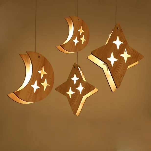 

Bamboo style wooden pendant lamp Star Moon creative dining room restaurant hotel bar coffee pendant lights