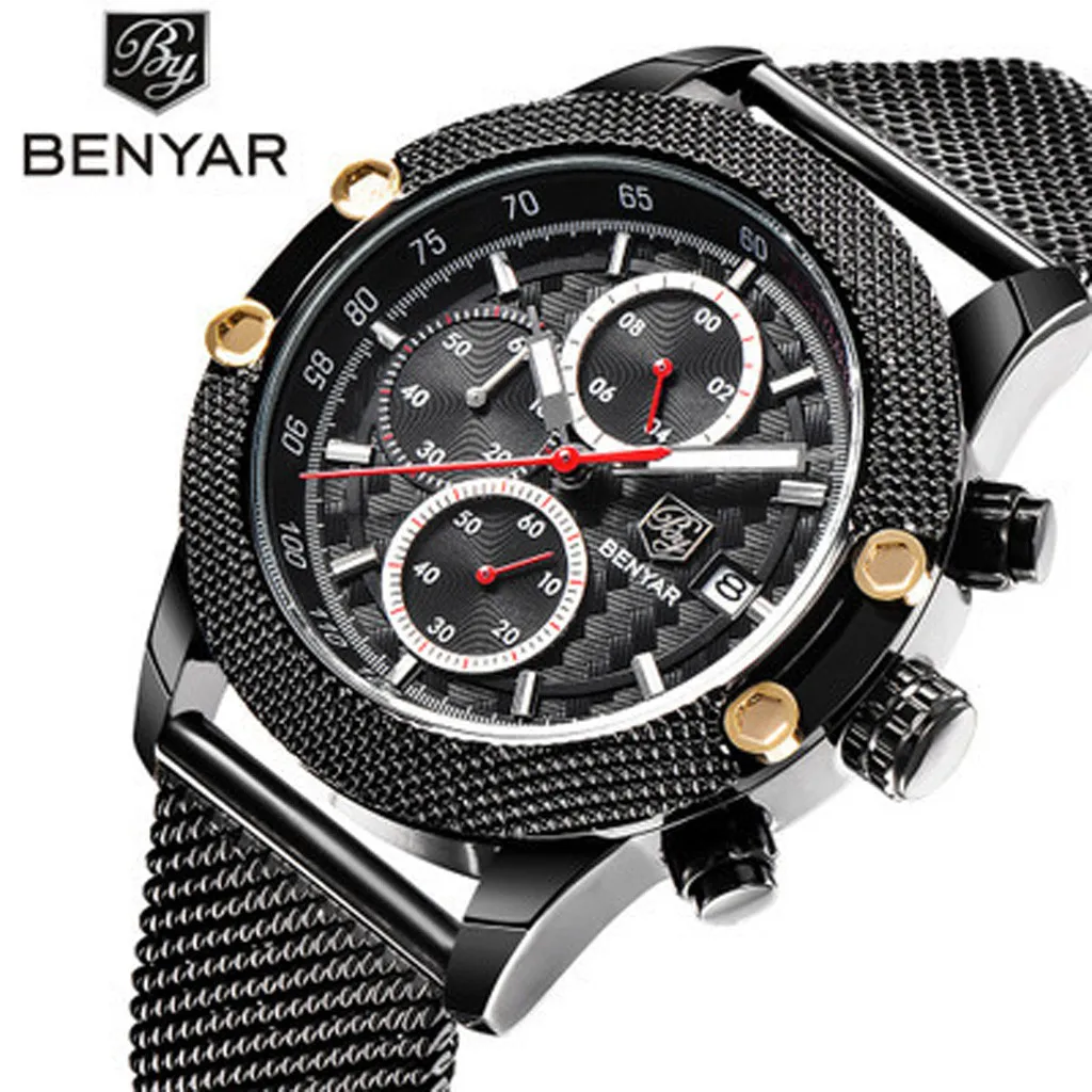 

Top Luxury Men Military Sport Chronograph Watches Men Mesh Band 30M Waterproof Luxury Quartz Wristwatches clock saat xfcs Gift