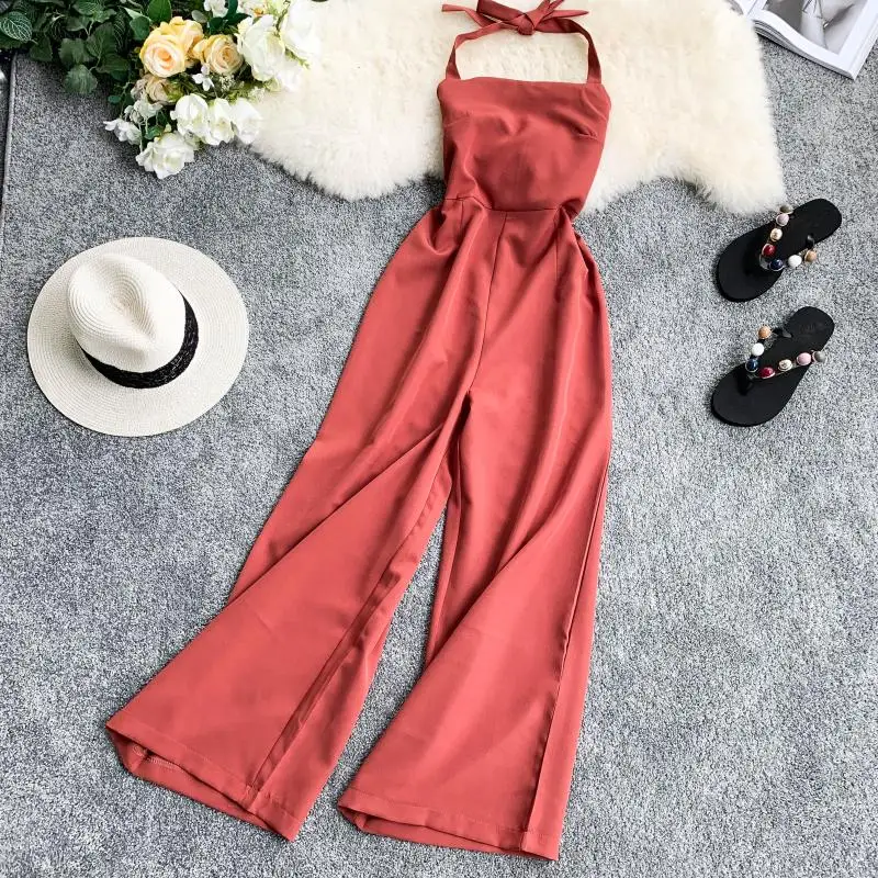 

Jumpsuits for Women 2019 Pure Color Temperament Sling Open Back High Waist and Skinny Pendant Jumpsuit Pants Wide-legged