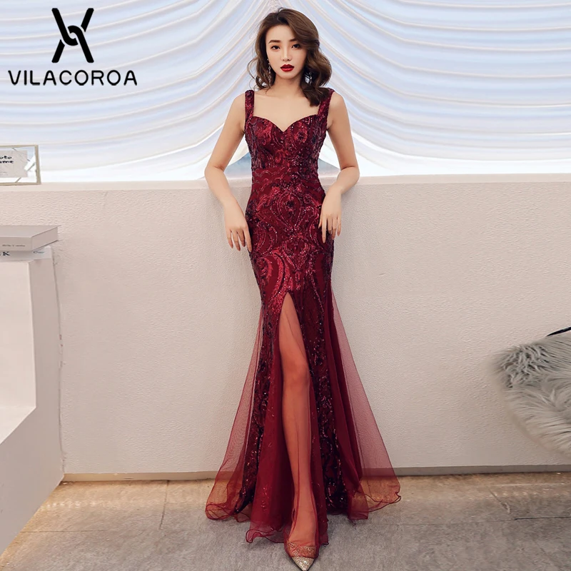 

Sequin Wine Red Bride Banquet Maxi Dress Vestidos V-Neck Sleeveless Strapless Empire Split Mesh Party Dress Female Lange Jurken