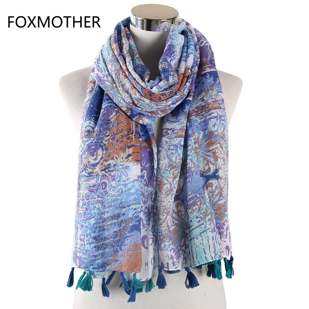 Женские винтажные шарфы FOXMOTHER синие и зеленые с абстрактным узором осенние