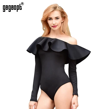 Gagaopt Autumn Draped Bodysuit Women Ruffle Longsleeve Bodysuits Black White Sexy Rompers Womens Jumpsuit Combinaison Femme