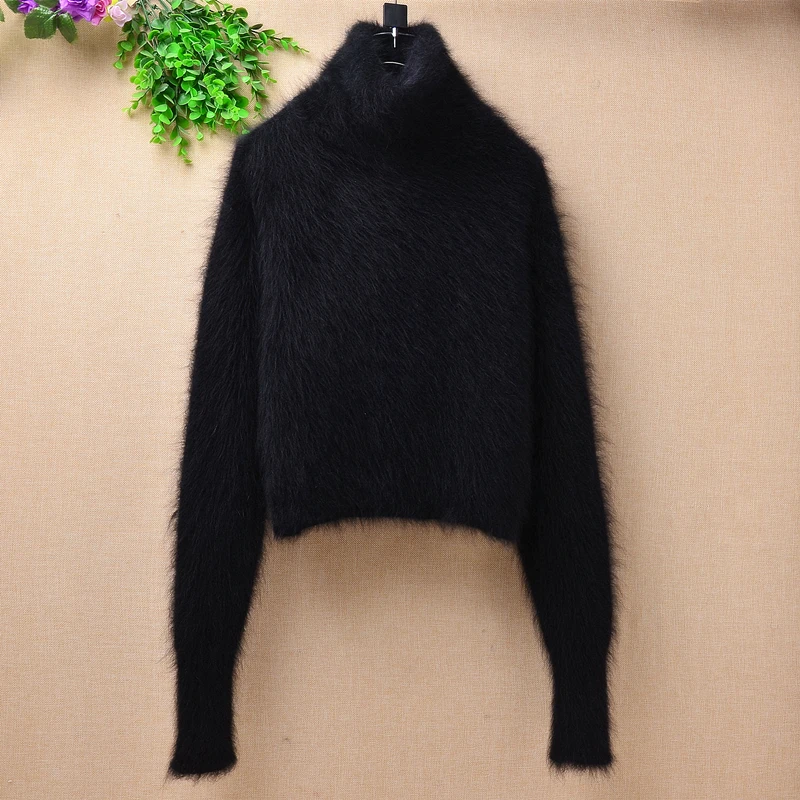 

100% mink cashmere ladies women winter turtleneck fluffy angora rabbit fur hand knitted thin bottoming blouses pullover sweater