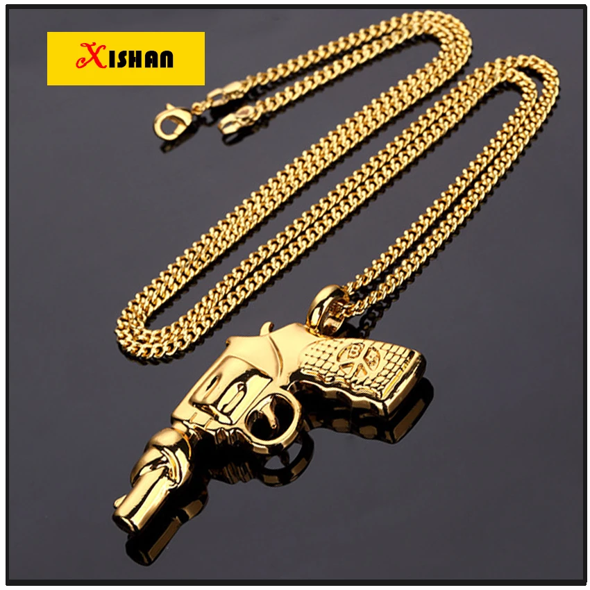 

XS924 Mens Jewelry Gold Tone DJ Revolver Pendant Hip Hop Cuban Link Chain Bling Necklace