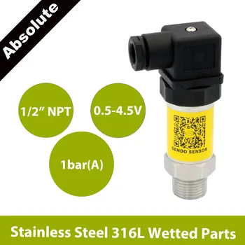 

pressure sensor transducer, absolute 1bar 100 Kpa, 0.5 V to 4.5V signal, 5V DC supply, 1 2 NPT thread, AISI 316L wetted parts