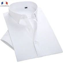 langmeng mens work shirts Brand short sleeve men dress shirts white male shirt Formal Men Business Shirt summer wear blue