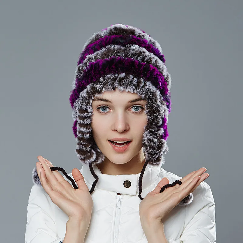 2016 New Women’s Knitted Real Rex Rabbit Fur Hat Beanie Skullies Cap Ear Muff ear warmer Fur Pompom MZ03