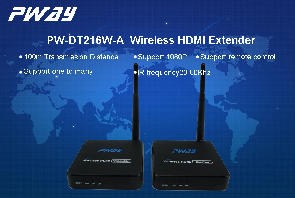 PW-DT216W-E Transmission sans Fil HDMI Extender 70m 230 Pieds Via WiFi Fonction de contrôle IR et résolution HD 1080P @ 60 Hz émetteur + récepteur 