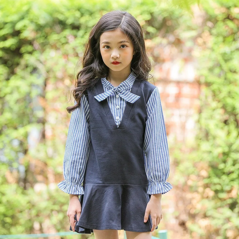 

Ruffled cotton striped school dress kids 2018 girl dress autumn spring patchwork princess teenage kids clothes for girls