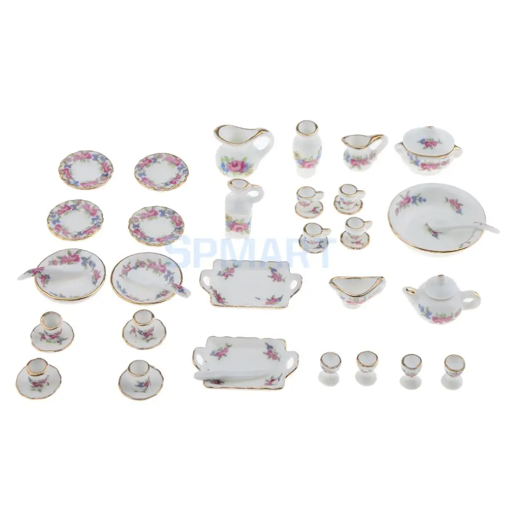 40 Pieces 1/12 Scale Rose Flowers Porcelain China Tea Set Pot Cup Saucer Plate for 12th Dolls House Decoration Accessories