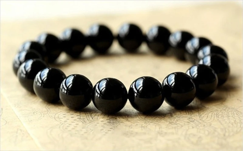 MOROW Unisex New Natural Black Agates Beads Round Jewel Bracelets Fashion Elastic Rope Charm Bracelet for Women Men Gift Jewelry (1)