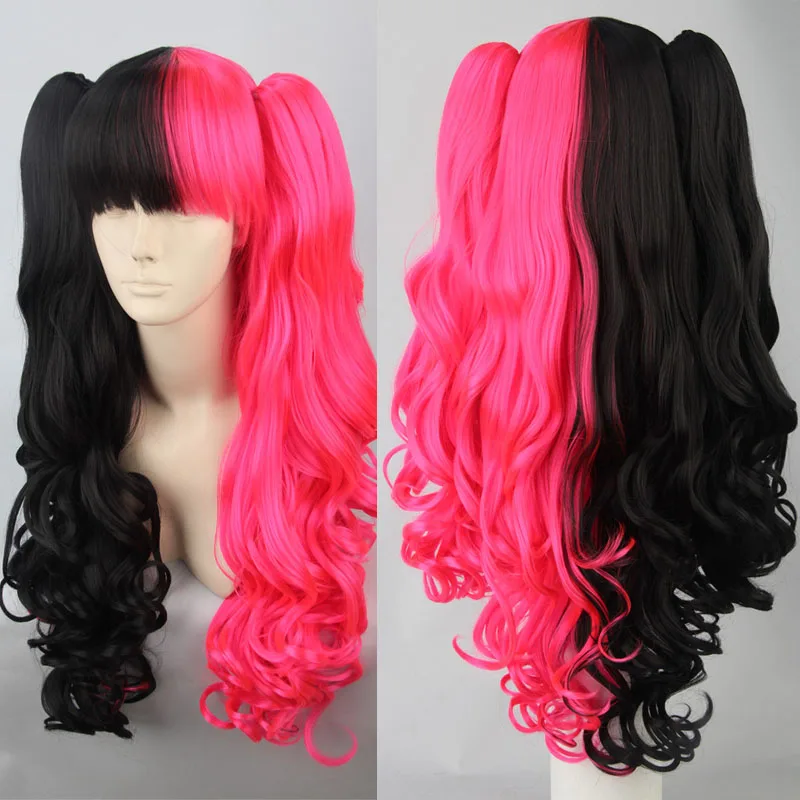 

Harajuku Lolita Wig 65cm Wavy Long Half Black and Rose Red Cosplay Costume Wigs With Chip Removable Ponytails + Wig Cap