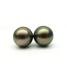 Пара Круглый черный зеленый ЮЖНОГО МОРЯ Tahitian культивированный свободные перла неразбуренные 10,8 мм