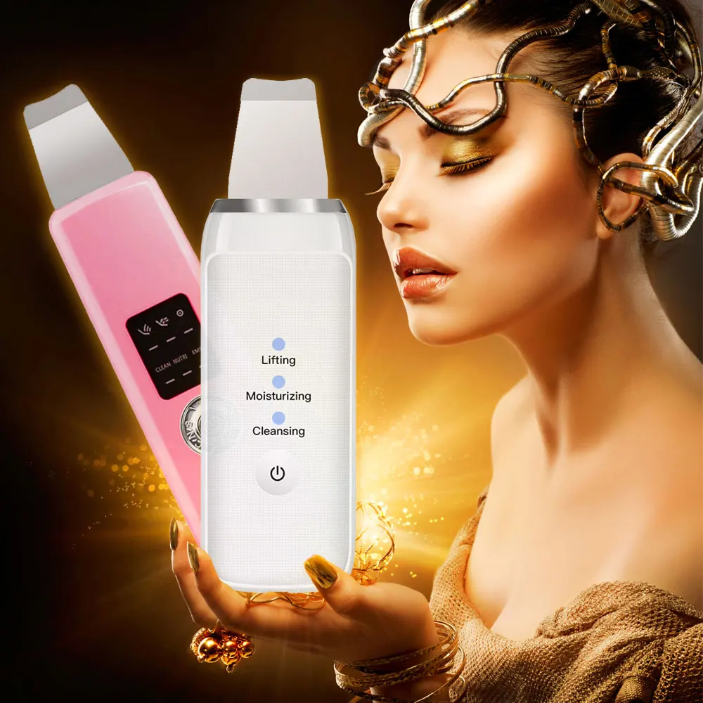 

Ultrasonic Ion Skin Scrubber Deep Face Cleaning Massager Machine EMS Facial Care Cleanser Spatula Brush Device Blackhead Remover
