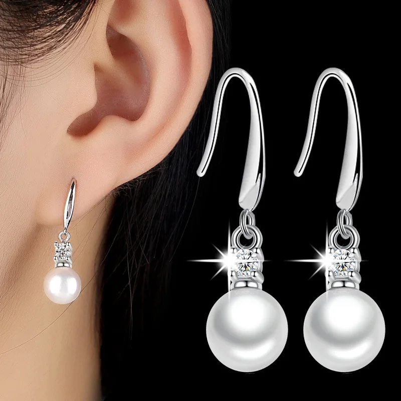 

Luxury Brand Dangle Earrings for Women Korean Style White Gold Color Shiny CZ Zircon Pearl Earrings Female Party Silver Jewelry