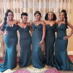 Темно-зеленое Русалка африканские платья подружки невесты вырез сердечком с плеча Длинные атласные свадебные праздничные платья дешевые