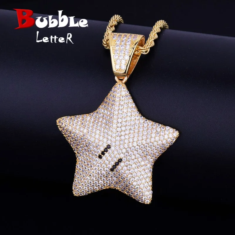 

Gold Iced Cartoon Star Pendant Necklace Chain Charm Bling Cubic Zircon Men's Hip hop Jewelry Free Tennis Chain For Gift