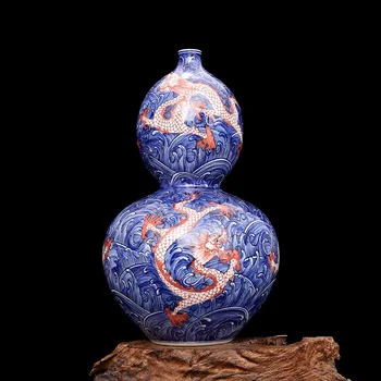 

Qing Qianlong Blue and White Glaze Red Sea Five Dragon Gourd Vase Antique PorcelainOrnaments Hand-painted Vase