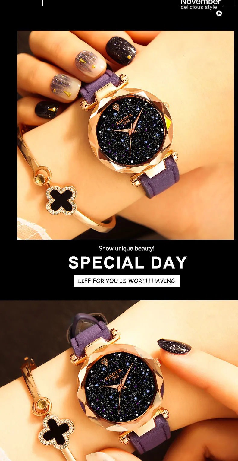 Ladies Watch New Casual Fashion Quartz Watch Starry Sky Multicolor Leather Wristwatch Simple Designer Women Clock Orologio