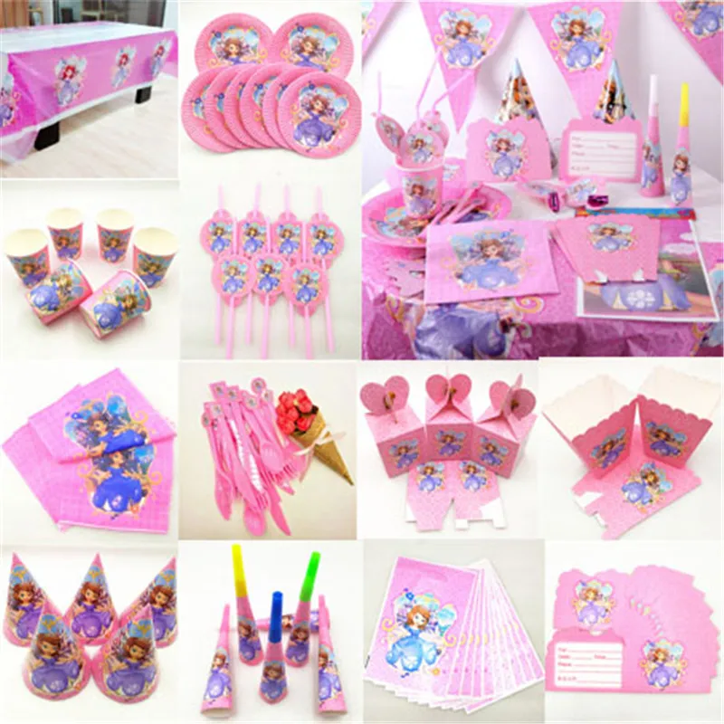 

Kids Birthday Sofia Princess Party Supplies Decoration Tablecloth Cup Plate Straw Napkin Gift Bag Candles Candy Popcorn Box Card
