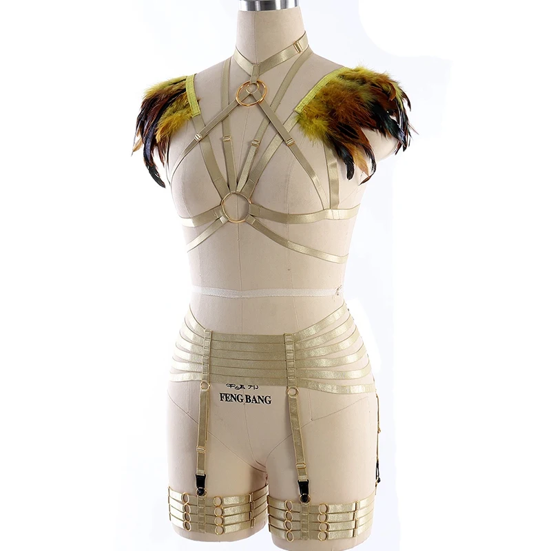 Murah 1 Set Memanfaatkan Bulu Epaulette Bondage Lingerie Dada Straps dengan Sabuk Elastis Garter Kaki Memanfaatkan Setelan Modis Wanita Kostum