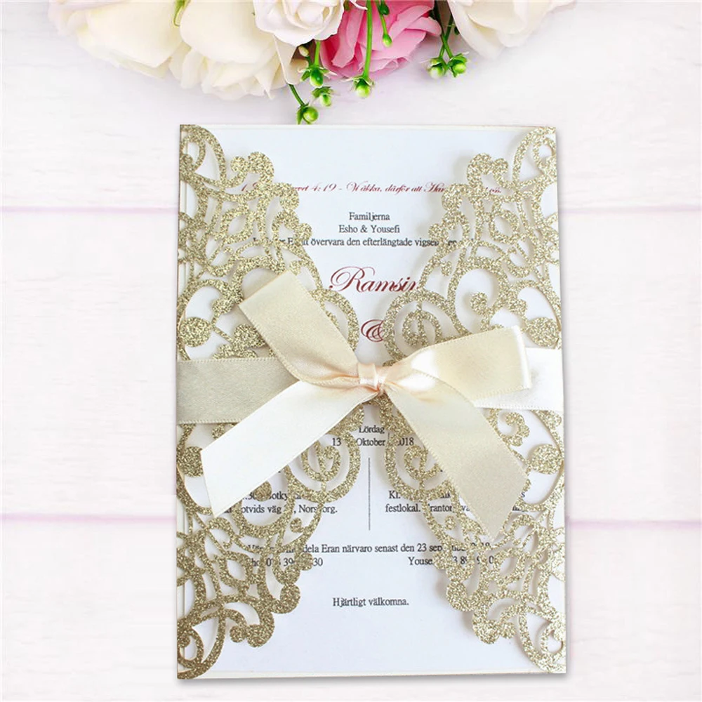 

100pcs Glitter Laser Cut Wedding Invitation Cards with Ribbon and Envelopes for Engagement Bridal Shower Birthday Party