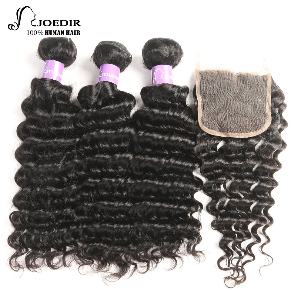 Joedir Brazilian Deep Wave With Closure 100% Human Hair Weave Natural Color Remy Hair 3 Bundles With Free Part Lace Closure Joedir Brazilian Deep Wave With Closure 100% Human Hair Weave Natural Color Remy Hair 3 Bundles With Free Part Lace Closure