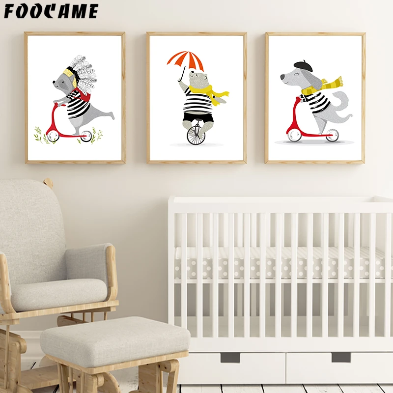 

FOOCAME Cartoon Bear Dog Indian Bicycle Posters and Prints Art Canvas Painting Home Decoration Wall Pictures Kids Rooms Nursery