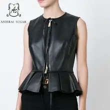 Весенняя Новинка, Женская куртка из натуральной овчины, повседневная, мотоциклетная, черная, сексуальная, тонкая, с круглым вырезом, без рукавов, OL, женские куртки, пальто