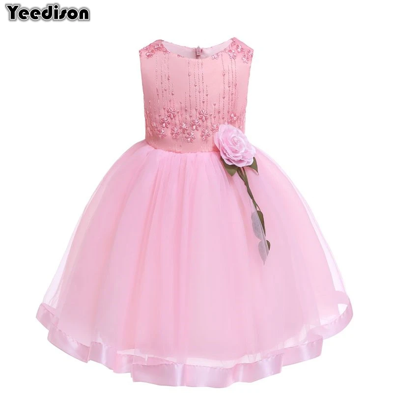 Розовые Платья с цветочным узором для девочек; коллекция года; Кружевной Костюм принцессы; платья для свадебной вечеринки, выпускного вечера; милая детская вечерняя одежда; детское платье