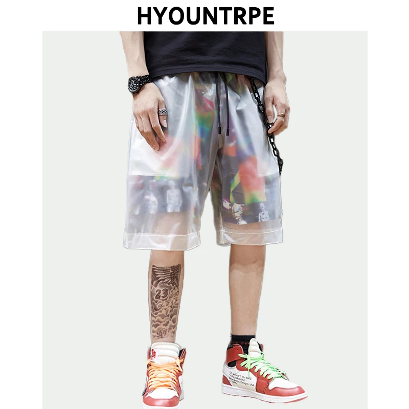 

Men Hip Hop Shorts Patchwork See-through Punk Short Pant Chain Decoration Summer Party Casual Elastic Waist Streetwear Shorts