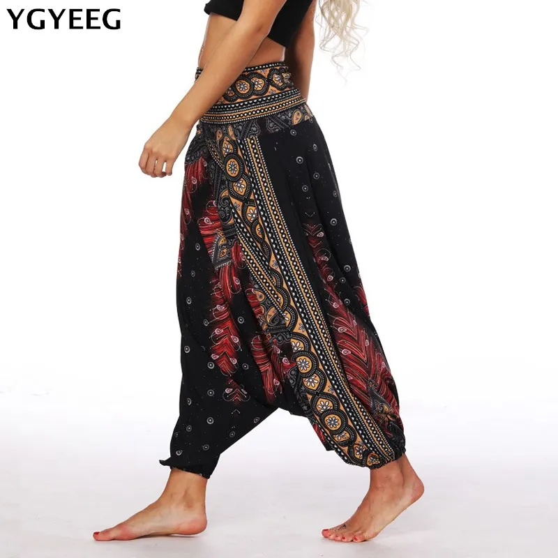 

YGYEEG Summer Beach Bohemian Pants Women High Waist Harem Pants Elastic Waist Plus Size Loose Print Bloomers Trousers Women Pant