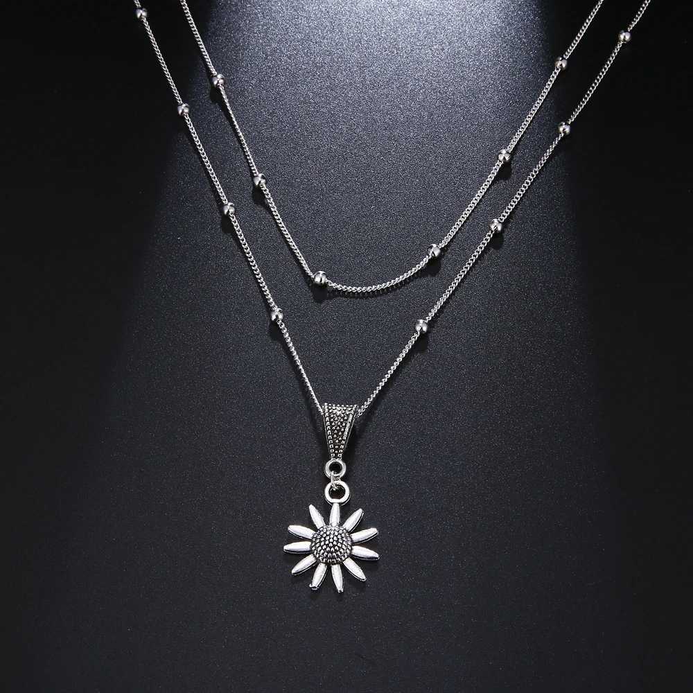 New Vintage Double Layered Sunflower Silver Chain Satellite Bead Choker Women Pendant Necklaces Simple Dainty Jewelry Gifts - Image 4