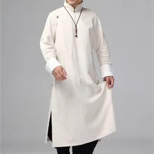 Helisopus Мужская льняная длинная рубашка традиционная китайская льняная рубашка Кунг-фу Повседневная винтажная Мужская цельная одежда