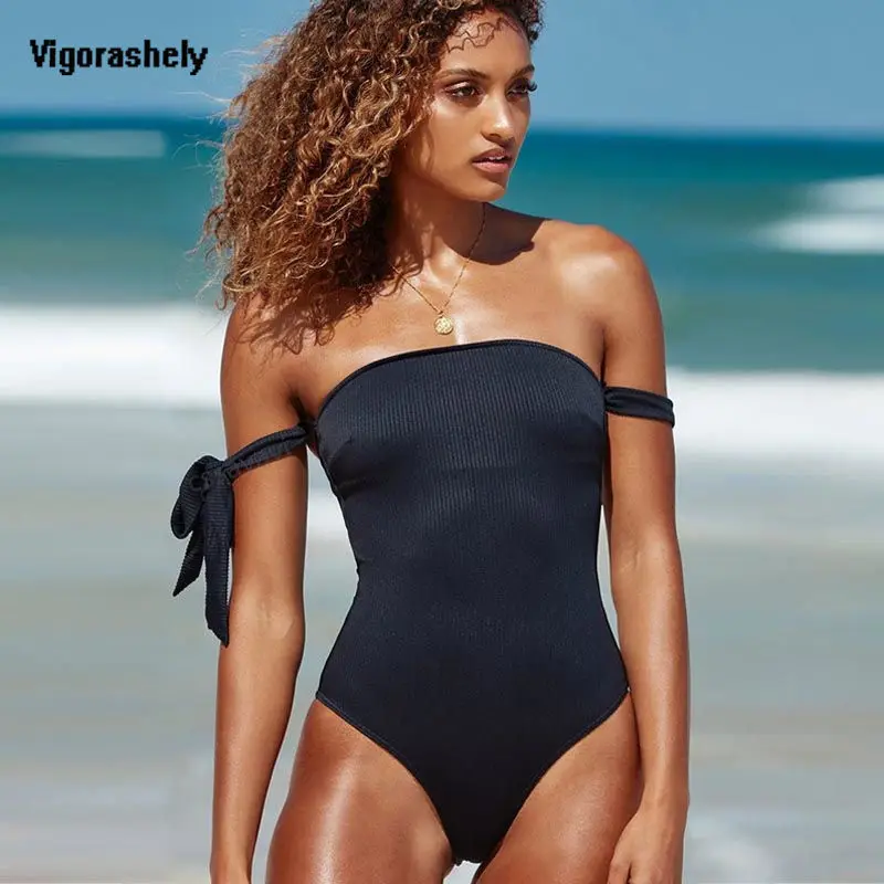 Vigorashely Sexy Bandeau One Piece Swimsuit Women Swimwear 2018 Black Off The Shoulder Monokini Bodysuit Bathing Suit Female