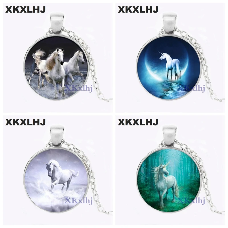 

XKXLHJ Unique Unicorn Picture Necklace Glass Cabochon Horse DIY Pendant Animal Handmade Silver Color Chain Necklaces Jewelry